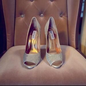 Badgley Mischka heels glitter silver pumps stilettos peep toe 6.5 Humbie II